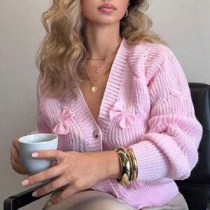 Pink Knit Cardigan Sweater